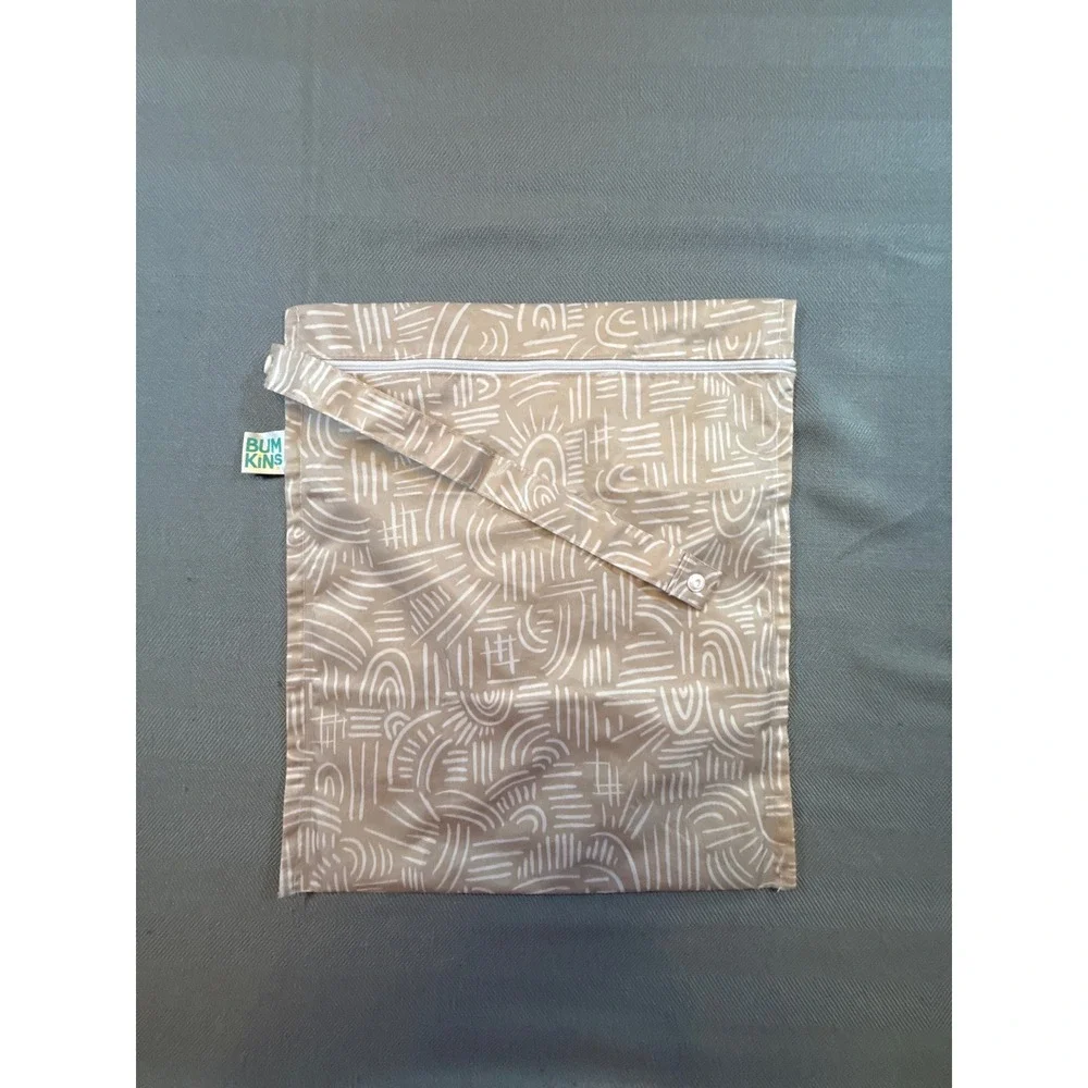Bumkins Wet Bag Small Reusable Waterproof Pouch Tan Abstract Line Print Zipper